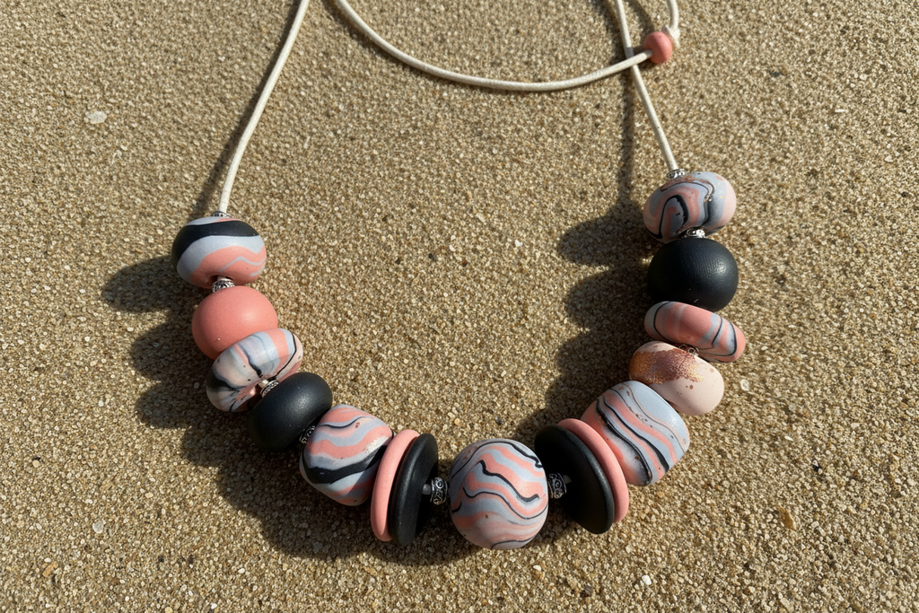 Pink Beaded Polymer Clay Statement Necklace