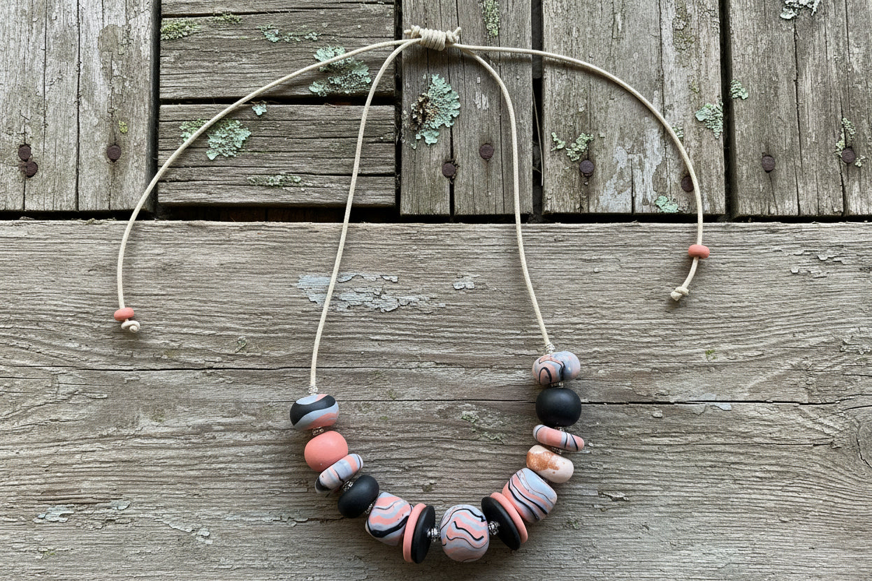 Pink Beaded Polymer Clay Statement Necklace