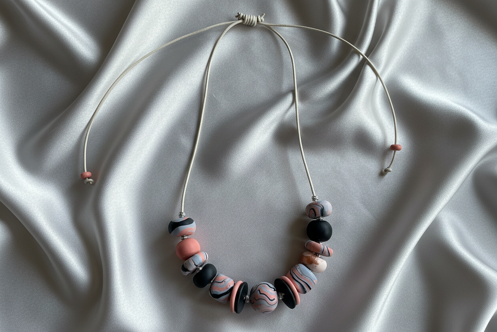 Pink Beaded Polymer Clay Statement Necklace