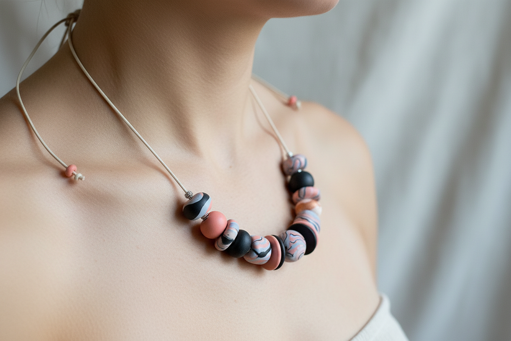 Pink Beaded Polymer Clay Statement Necklace