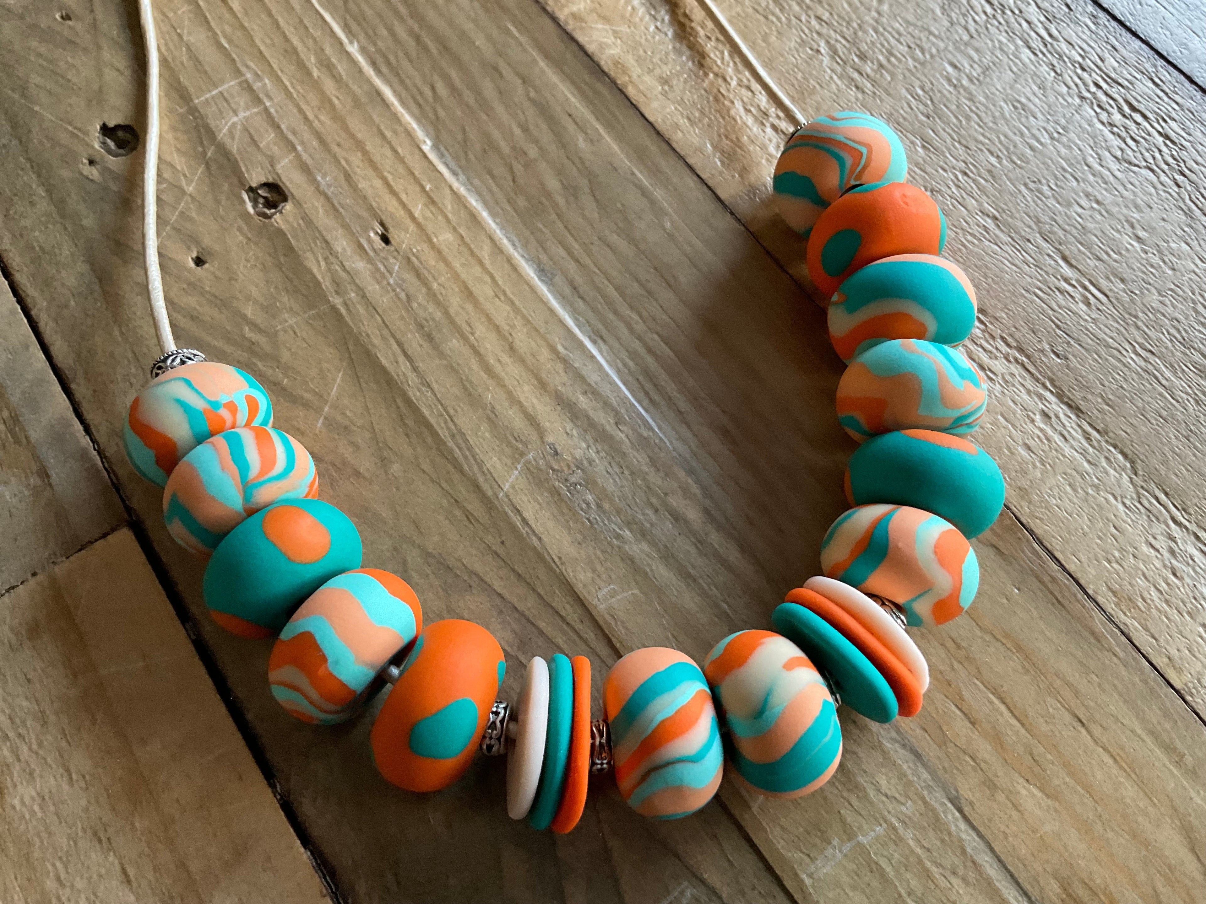 Orange & Teal Beaded Polymer Clay Statement Necklace