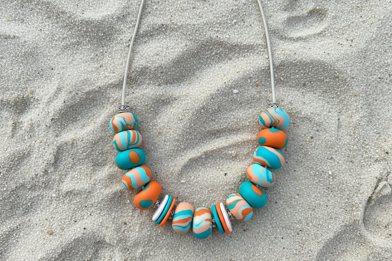 Orange & Teal Beaded Polymer Clay Statement Necklace