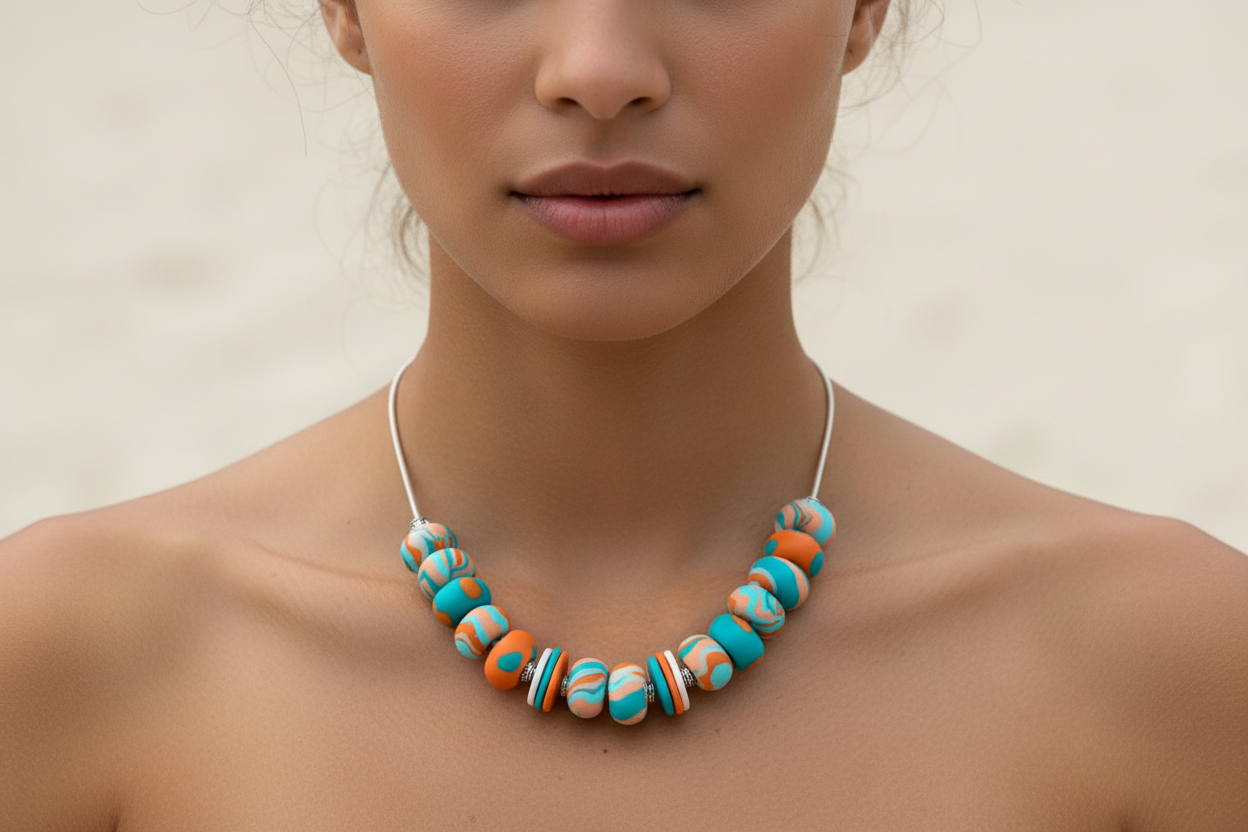 Orange & Teal Beaded Polymer Clay Statement Necklace