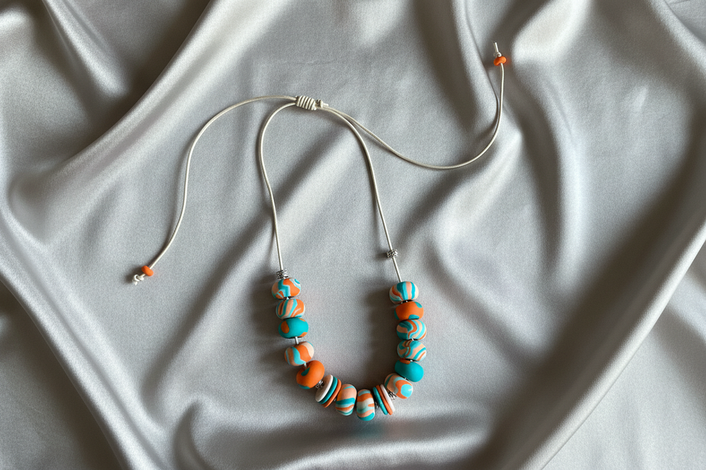 Orange & Teal Beaded Polymer Clay Statement Necklace