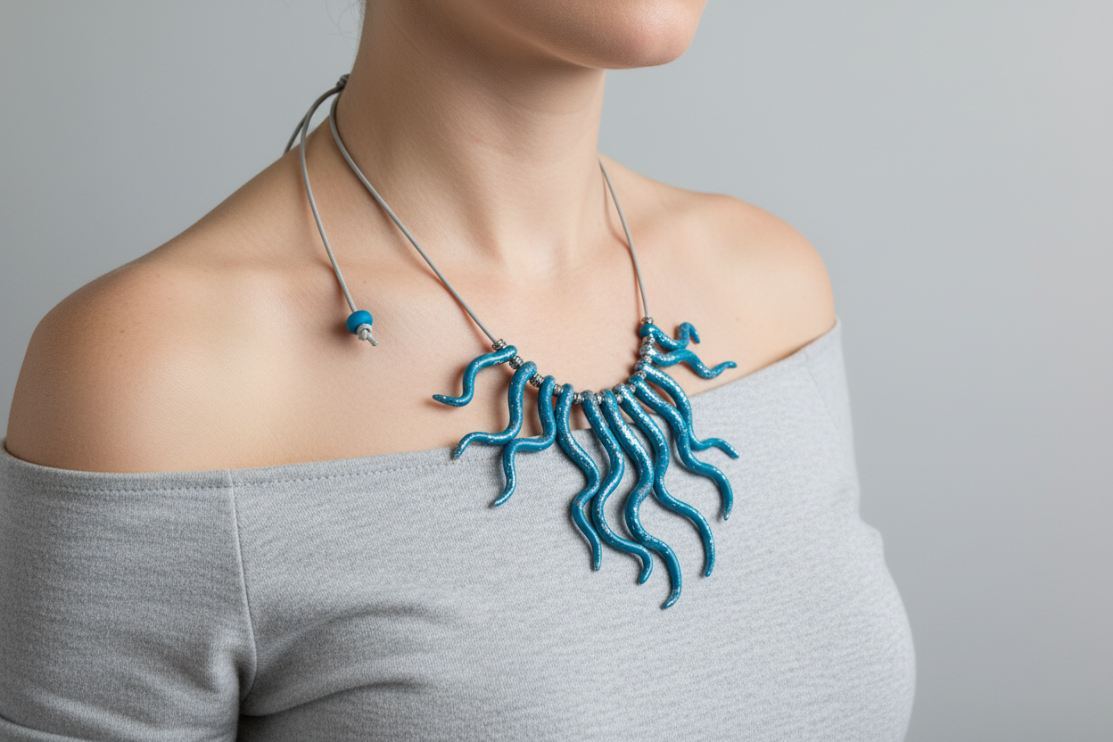 Blue Squiggle Polymer Clay Statement Necklace