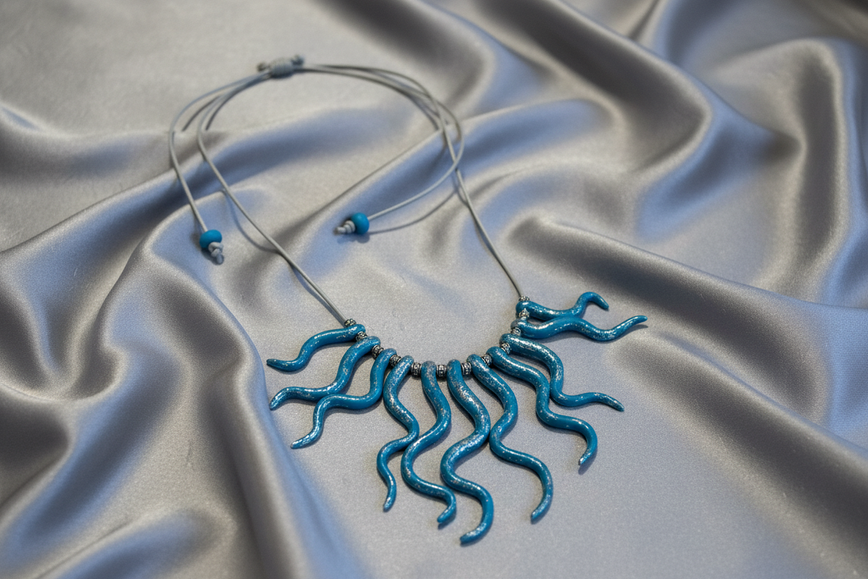 Blue Squiggle Polymer Clay Statement Necklace