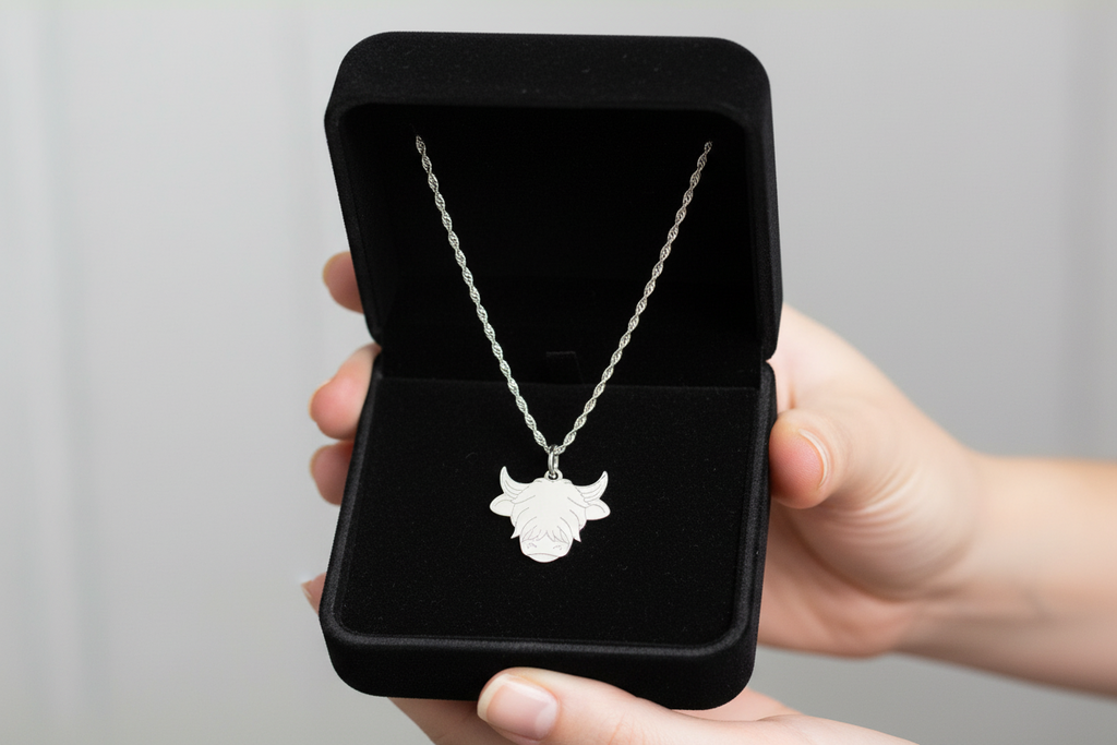 Highland Cow Head Etched Pendant & Chain