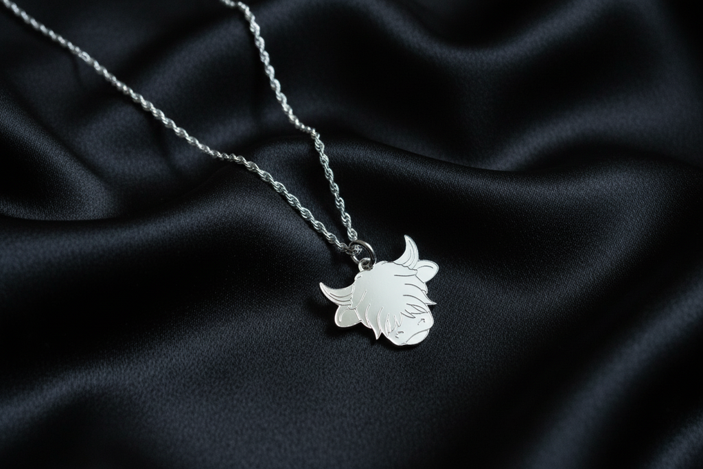 Highland Cow Head Etched Pendant & Chain