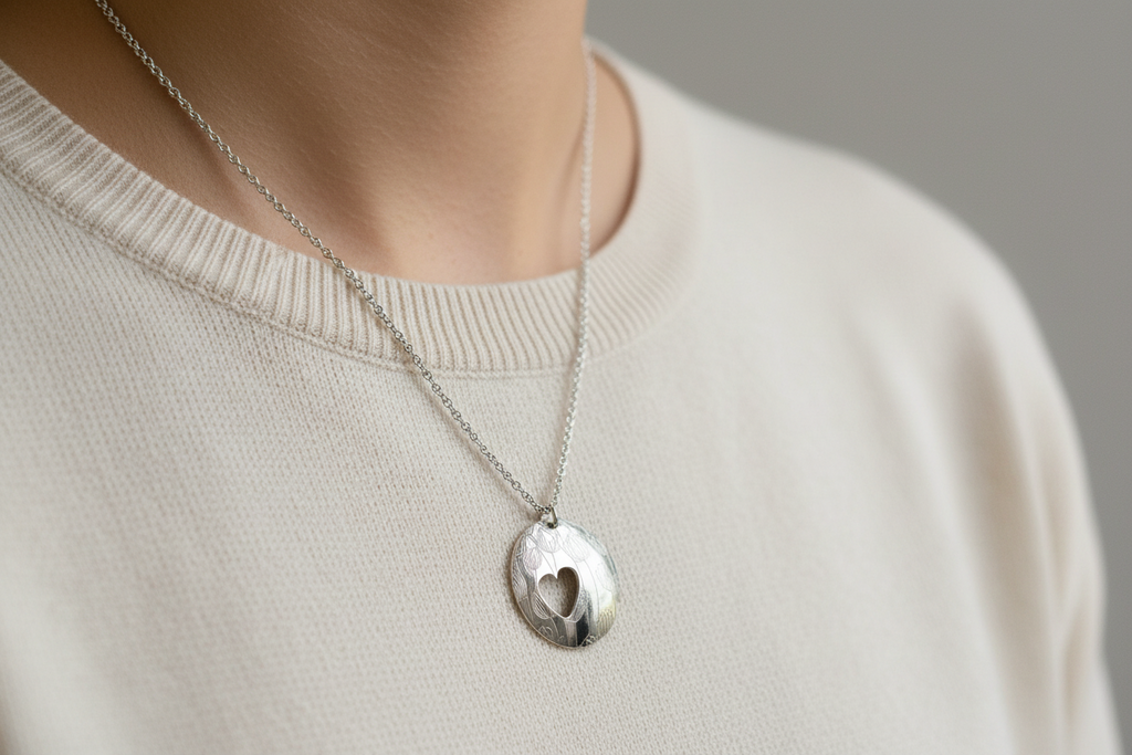Domed Etched Floral Heart Pendant & Chain