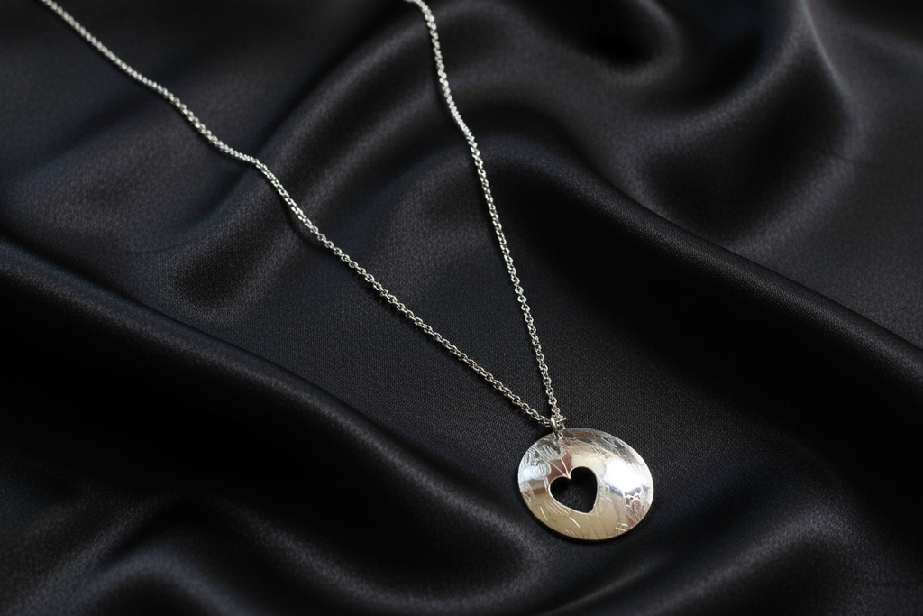 Domed Etched Floral Heart Pendant & Chain