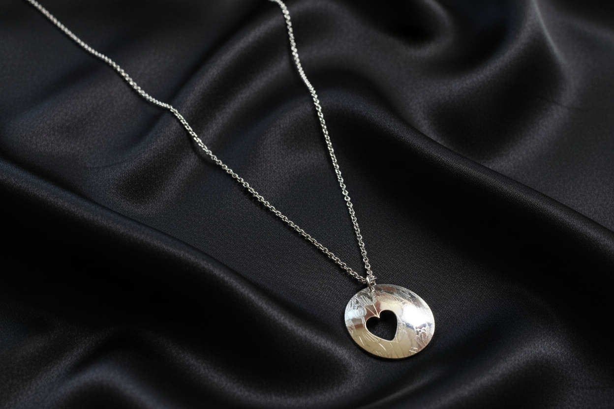 Domed Etched Floral Heart Pendant & Chain