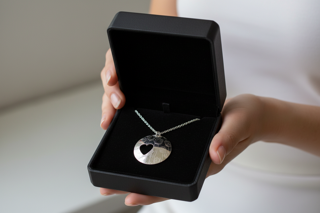 Domed Etched Floral Heart Pendant & Chain