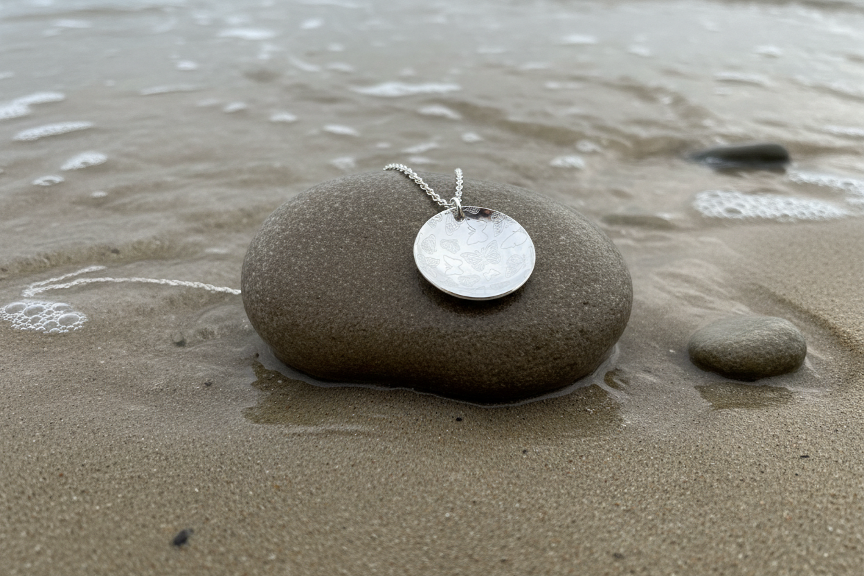 Domed Etched Butterfly Pendant & Chain