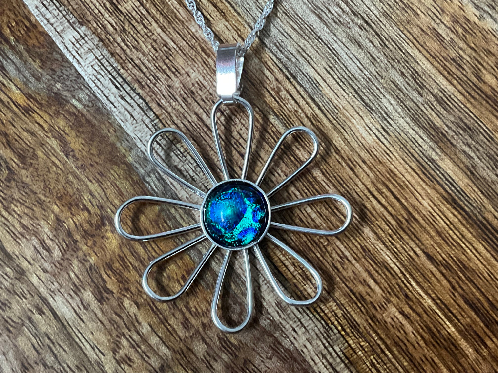 Daisy Dichroic Fused Glass Pendant & Chain