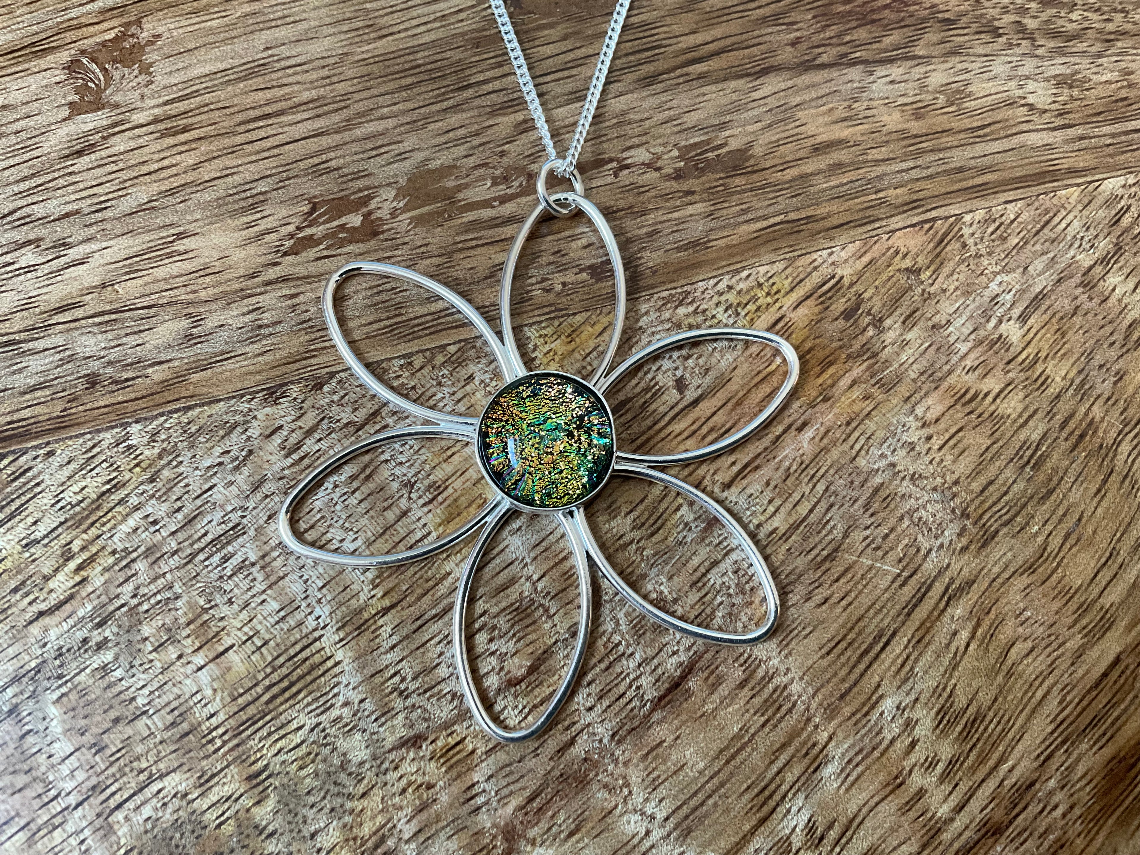 Daisy Dicrohic Fused Glass Pendant & Chain - Green
