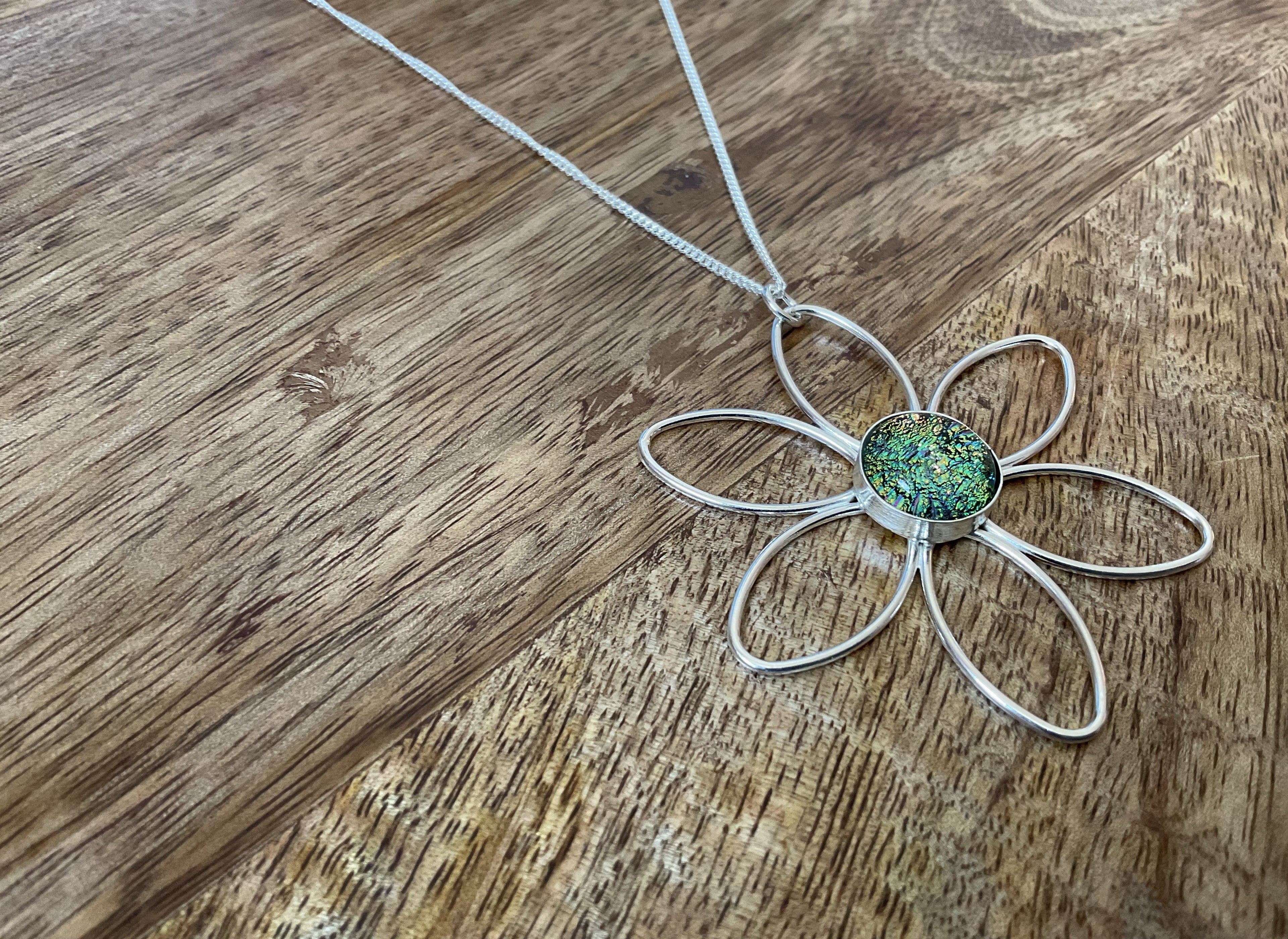 Daisy Dicrohic Fused Glass Pendant & Chain - Green