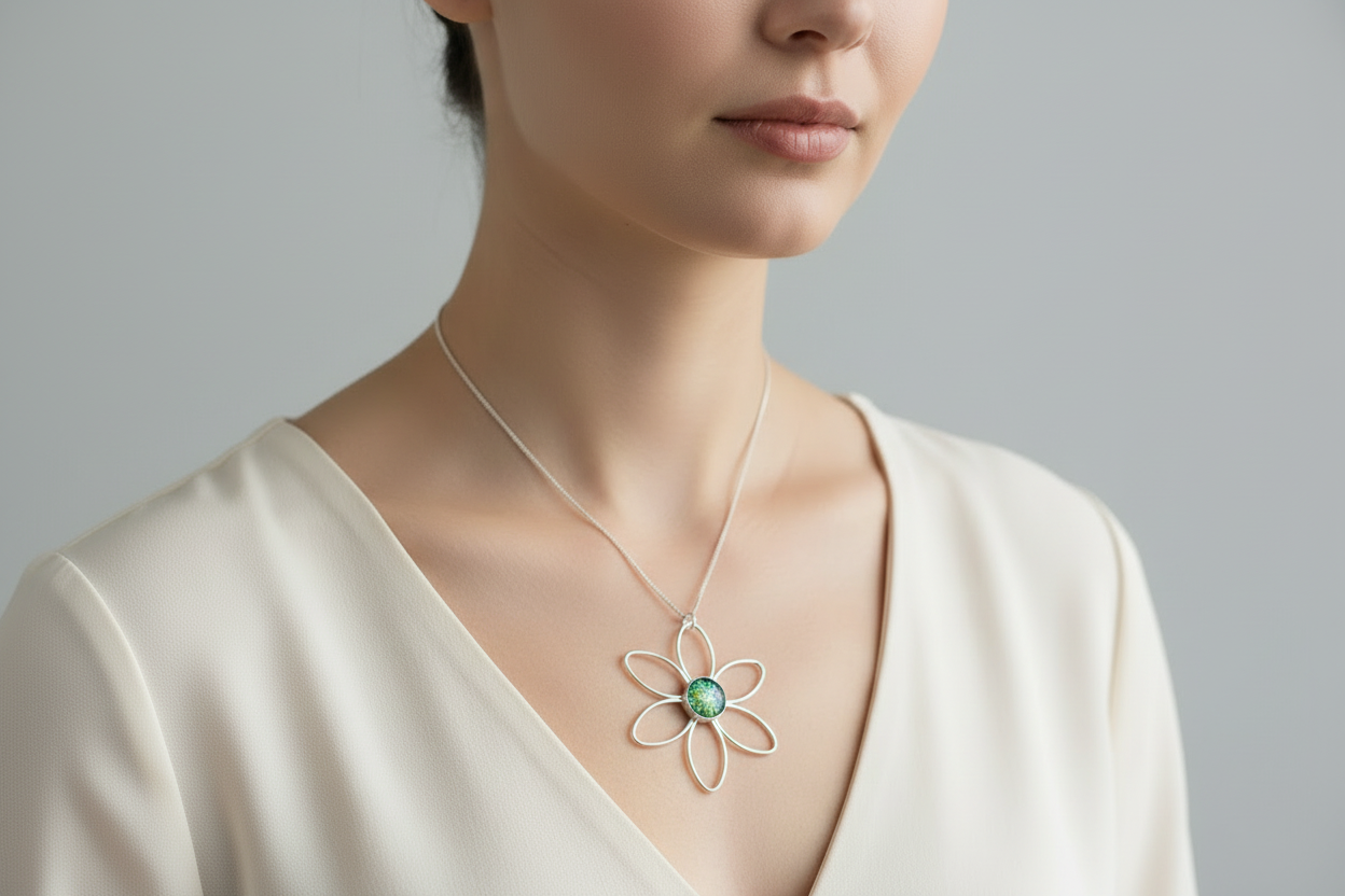 Daisy Dicrohic Fused Glass Pendant & Chain - Green