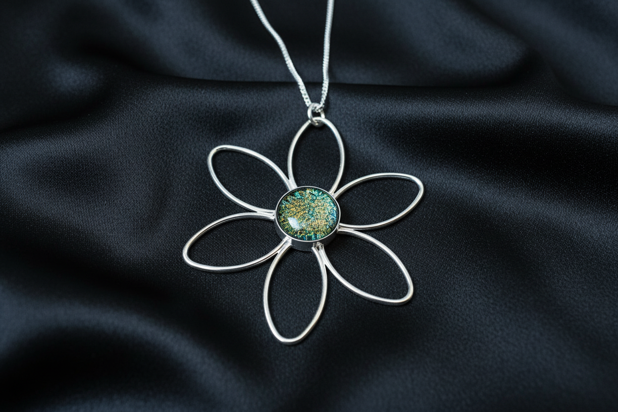 Daisy Dicrohic Fused Glass Pendant & Chain - Green