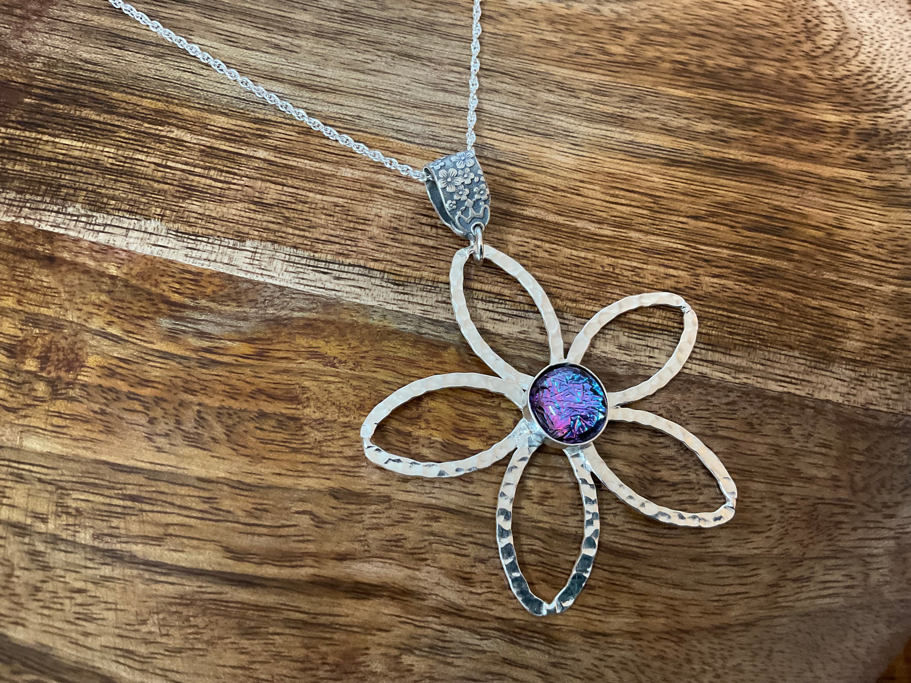 Daisy Dicrohic Fused Glass Pendant & Chain - Pink Shimmer