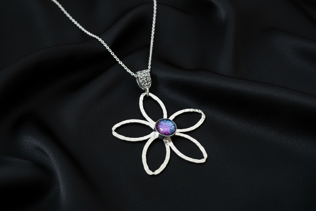 Daisy Dicrohic Fused Glass Pendant & Chain - Pink Shimmer