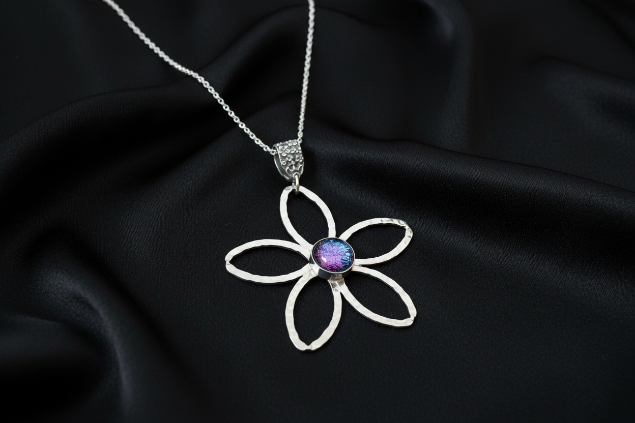 Daisy Dicrohic Fused Glass Pendant & Chain - Pink Shimmer