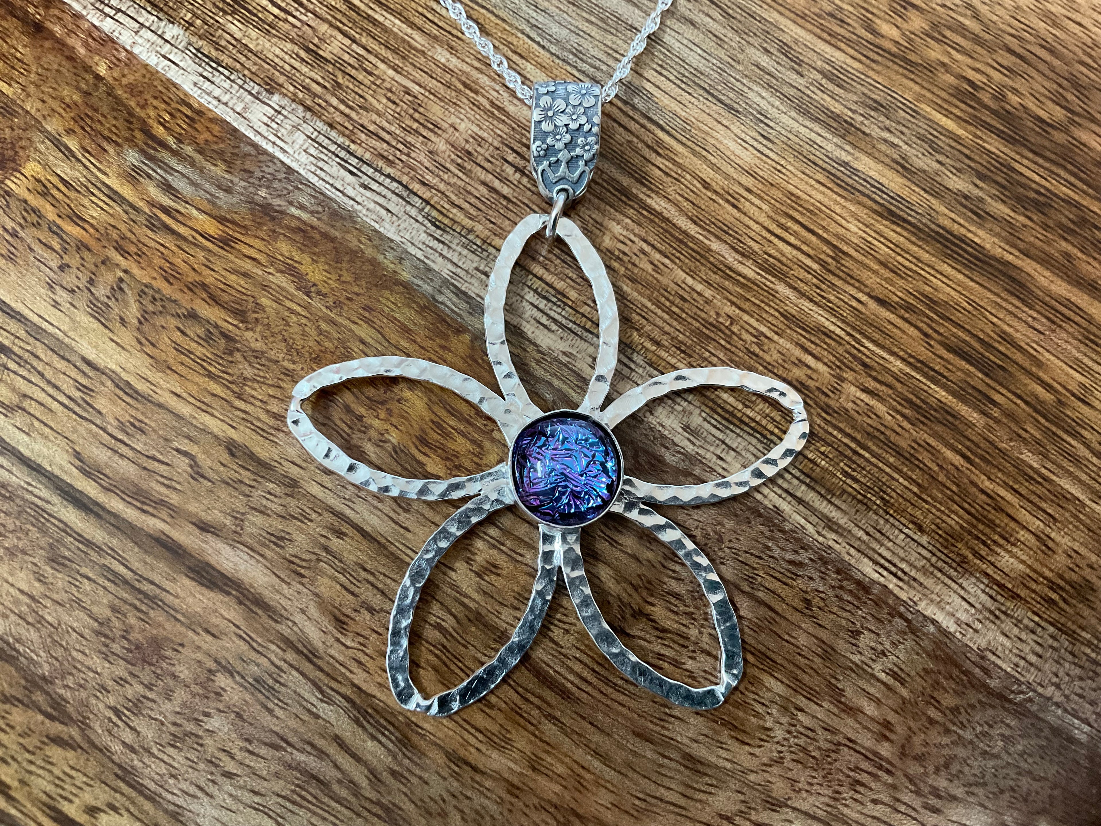 Daisy Dicrohic Fused Glass Pendant & Chain - Pink Shimmer