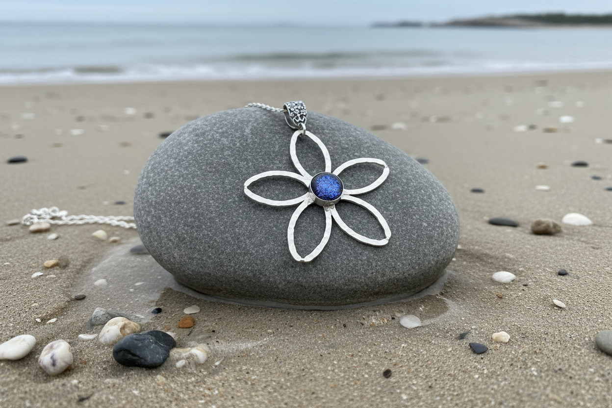 Daisy Dicrohic Fused Glass Pendant & Chain - Pink Shimmer