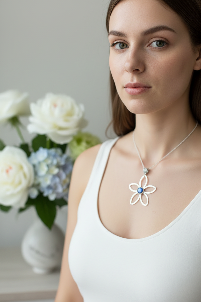 Daisy Dicrohic Fused Glass Pendant & Chain - Pink Shimmer