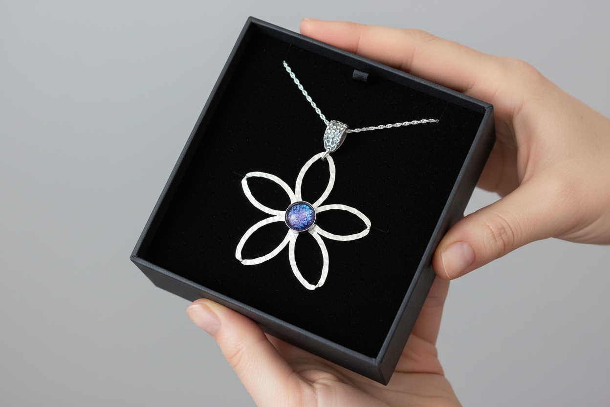 Daisy Dicrohic Fused Glass Pendant & Chain - Pink Shimmer