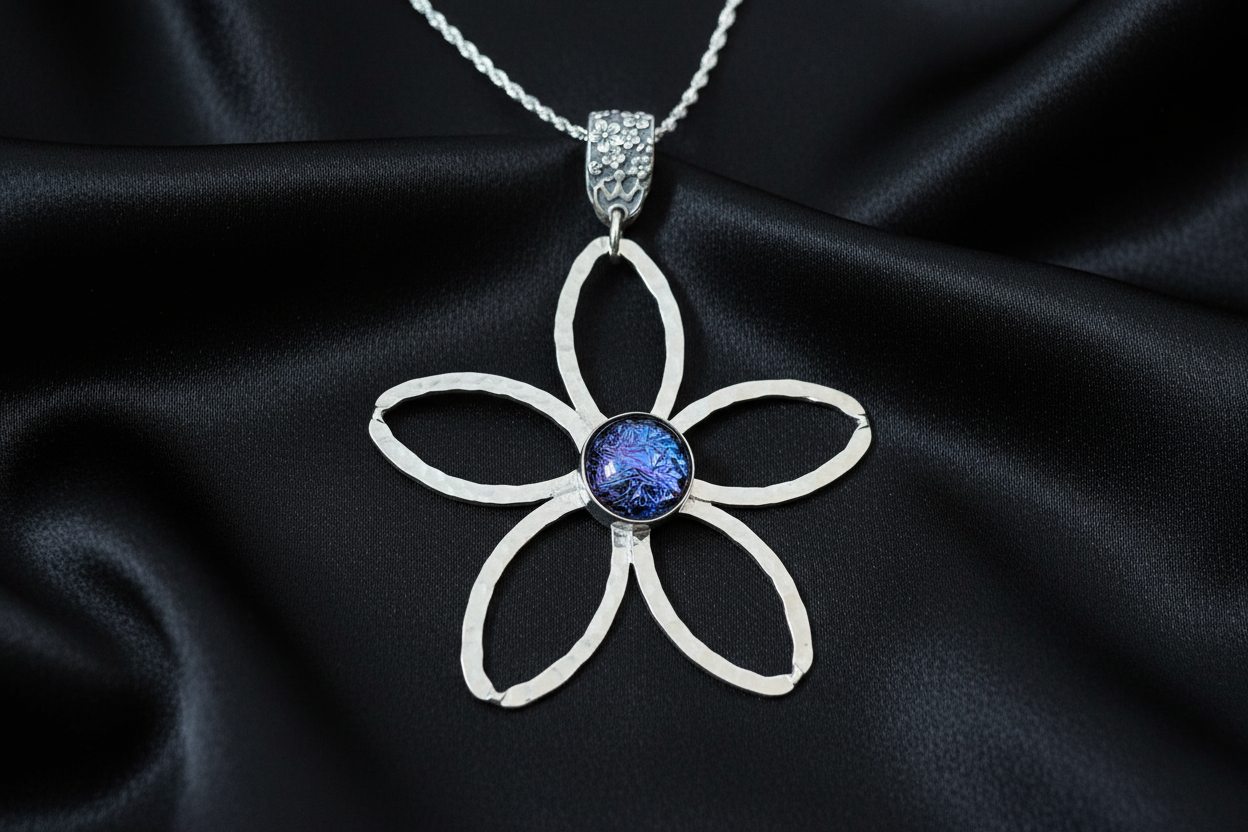 Daisy Dicrohic Fused Glass Pendant & Chain - Pink Shimmer