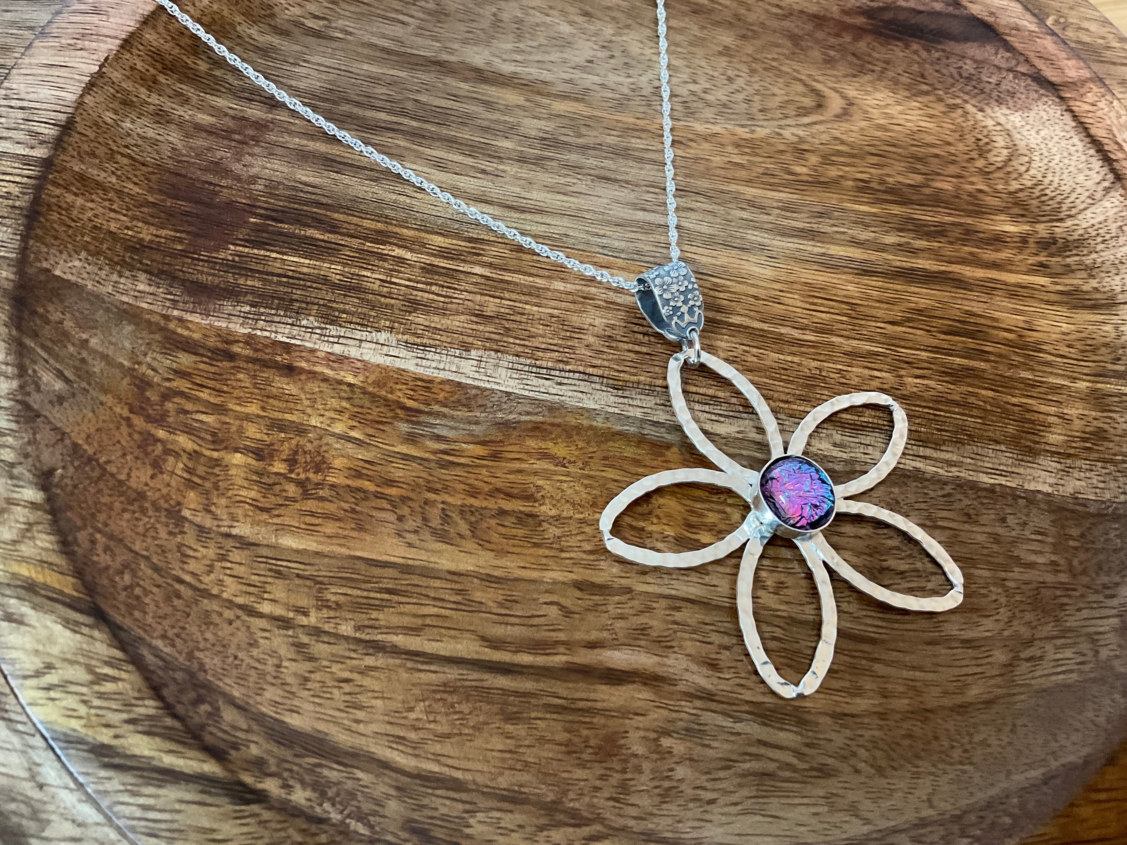 Daisy Dicrohic Fused Glass Pendant & Chain - Pink Shimmer