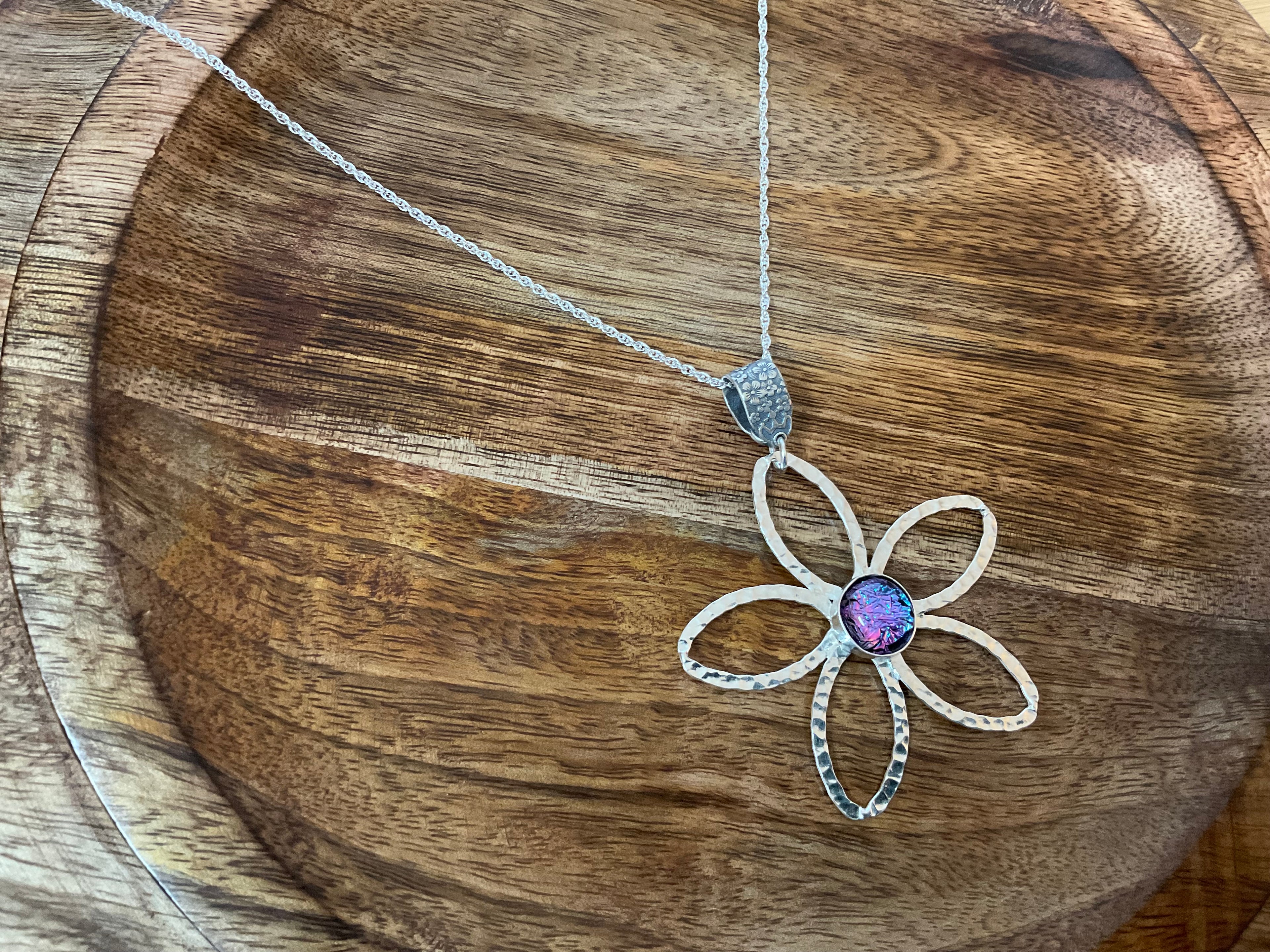 Daisy Dicrohic Fused Glass Pendant & Chain - Pink Shimmer