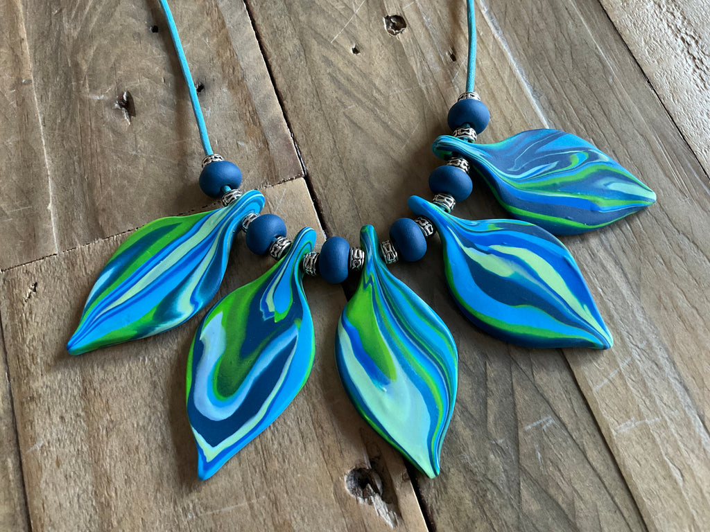 Blue Leaf Polymer Clay Statement Necklace