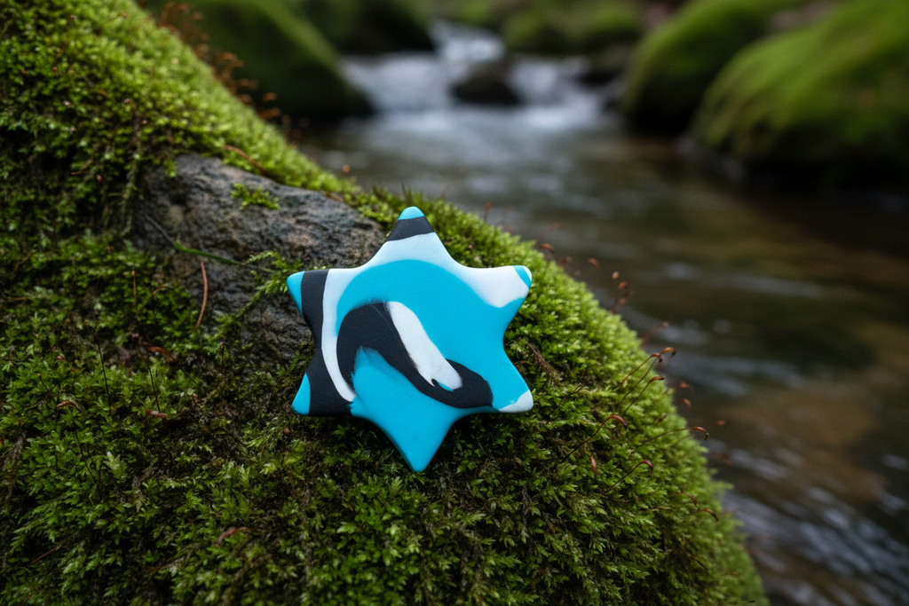Blue, Black & White Star Polymer Clay Brooch