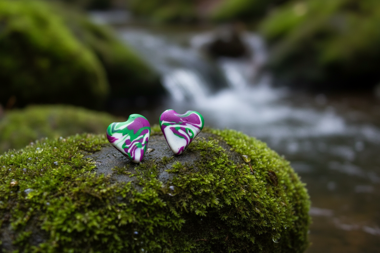 Green & Pink Heart Polymer Clay Stud Earrings
