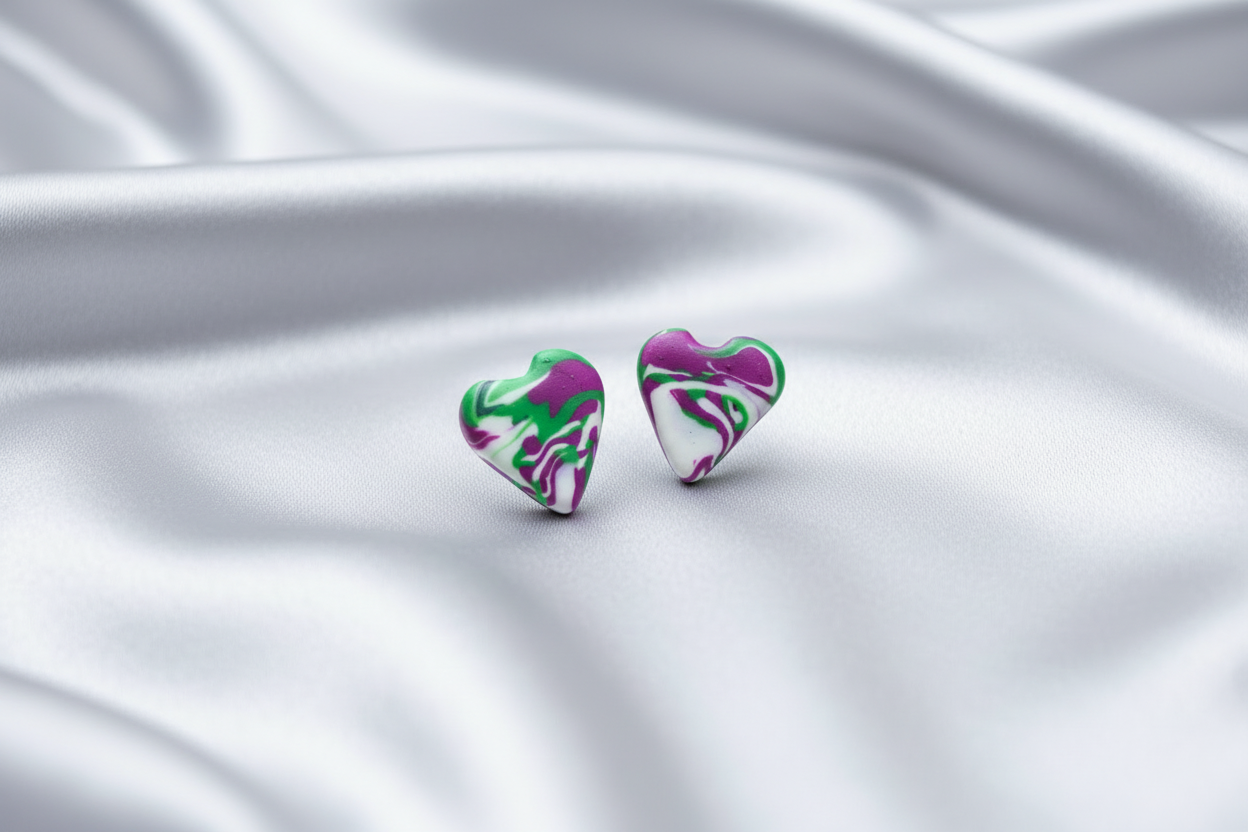 Green & Pink Heart Polymer Clay Stud Earrings