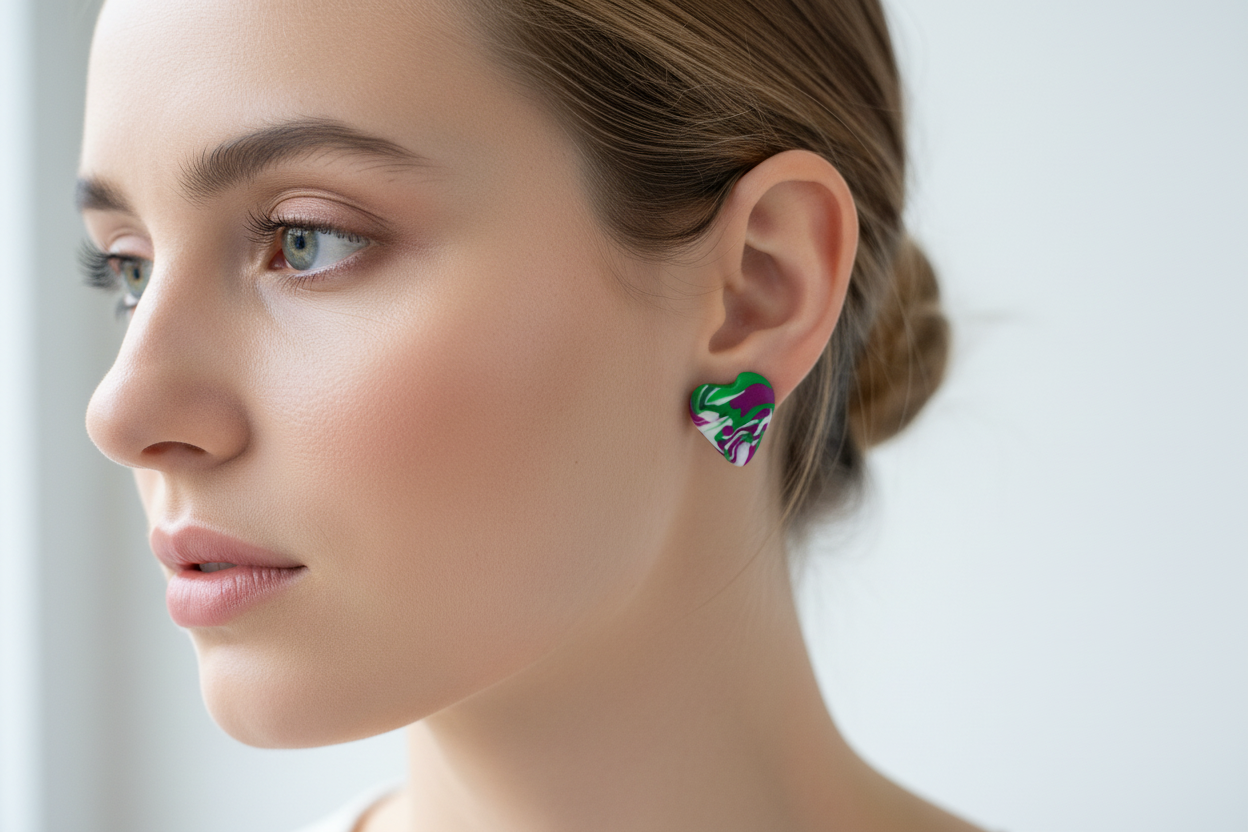 Green & Pink Heart Polymer Clay Stud Earrings