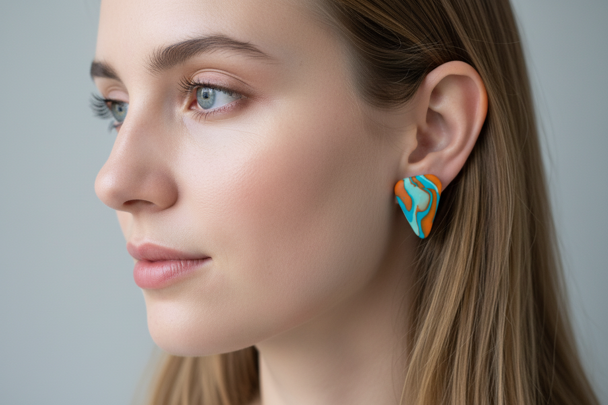 Orange & Blue Triangle Polymer Clay Stud Earrings