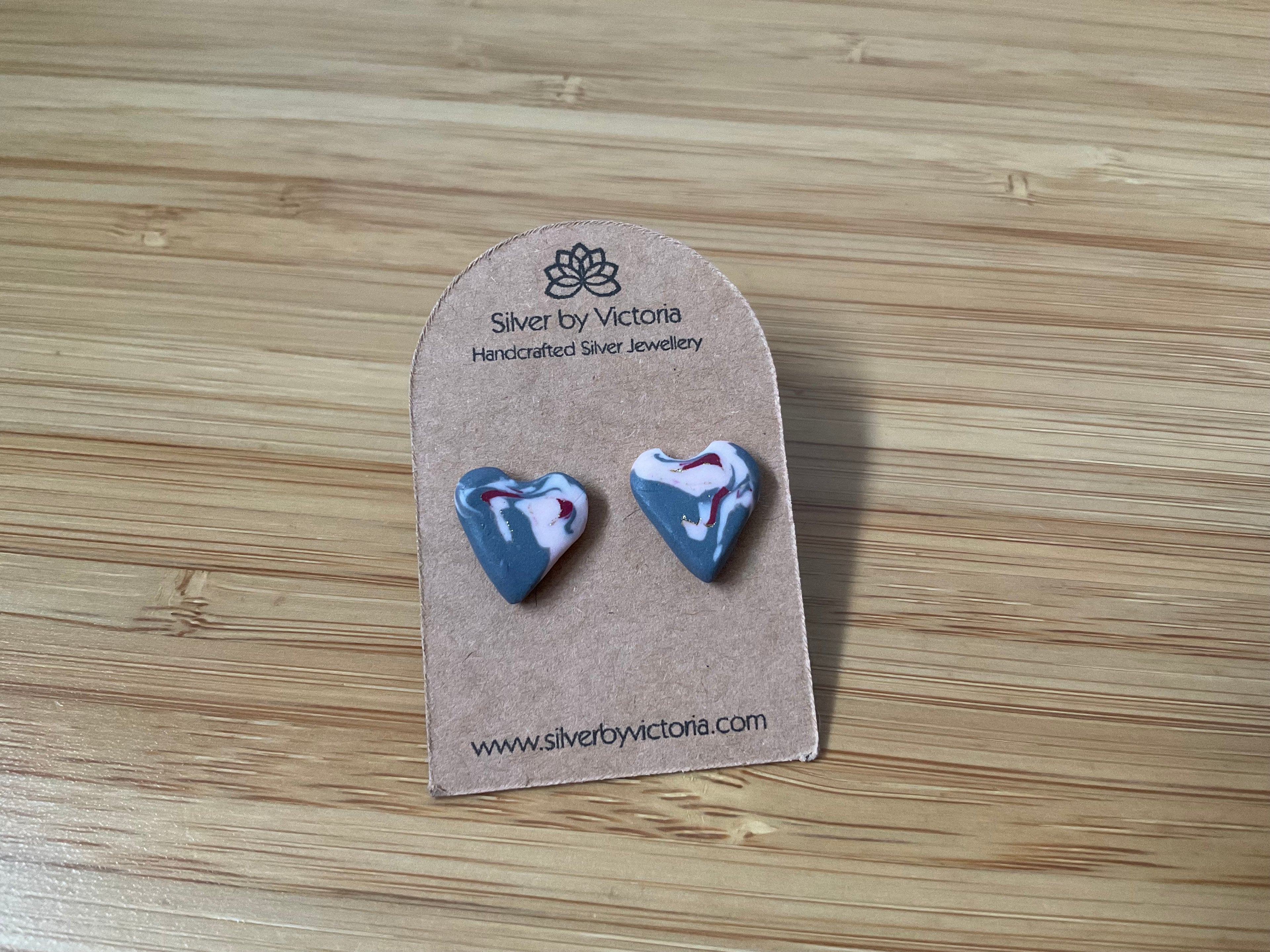 Grey & Pink Heart Polymer Clay Stud Earrings
