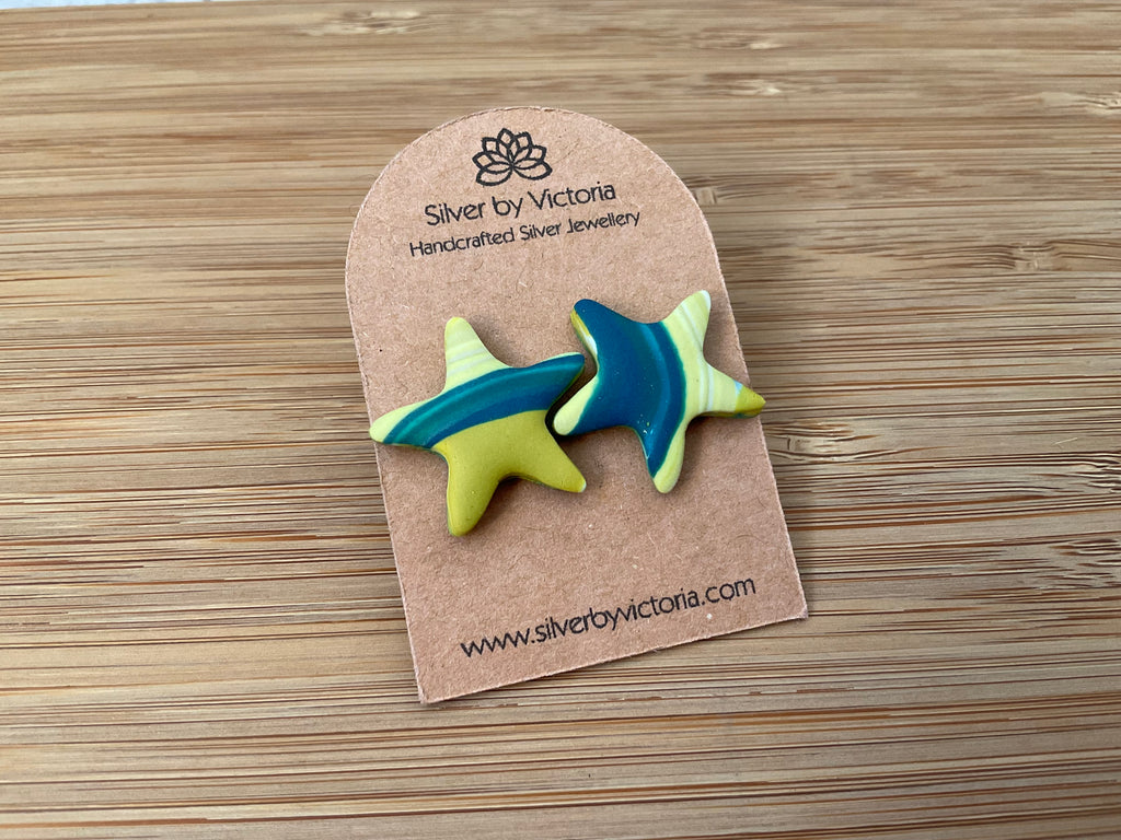 Teal & Green Star Polymer Clay Stud Earrings