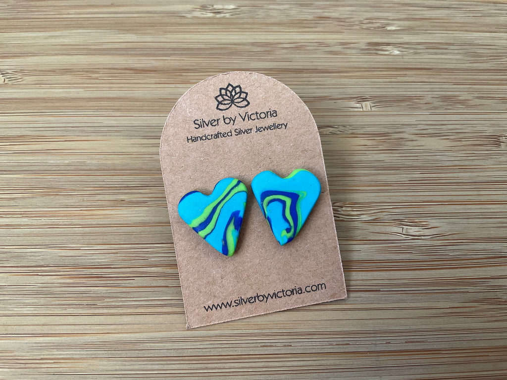 Blue & Green Heart Polymer Clay Stud Earrings