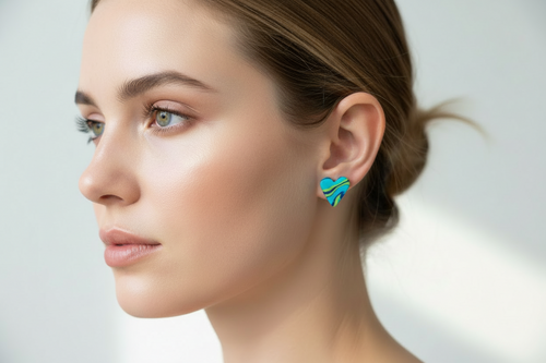 Blue & Green Heart Polymer Clay Stud Earrings