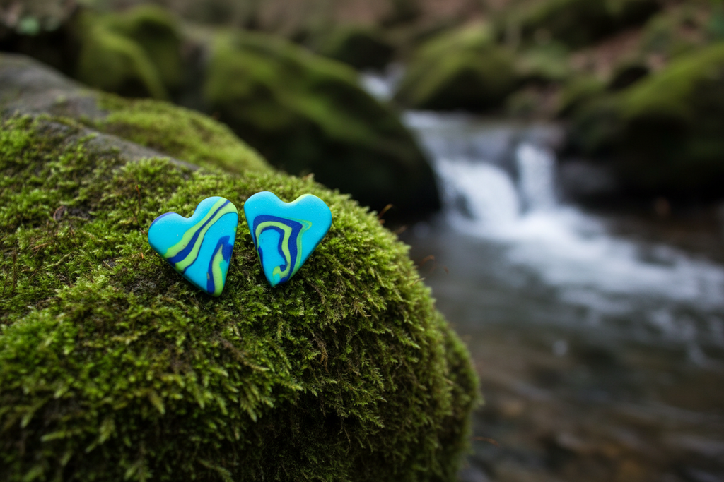 Blue & Green Heart Polymer Clay Stud Earrings