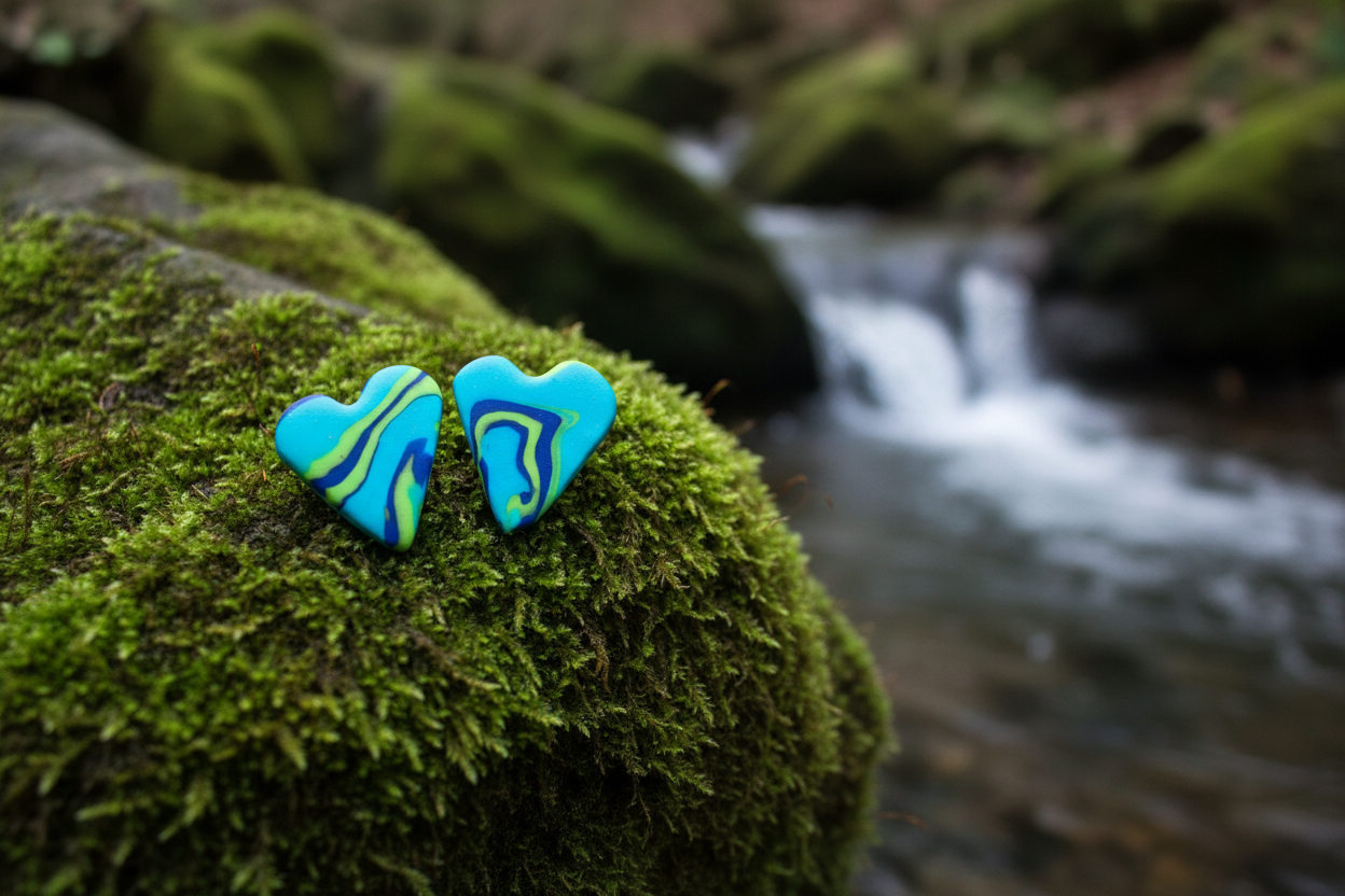 Blue & Green Heart Polymer Clay Stud Earrings