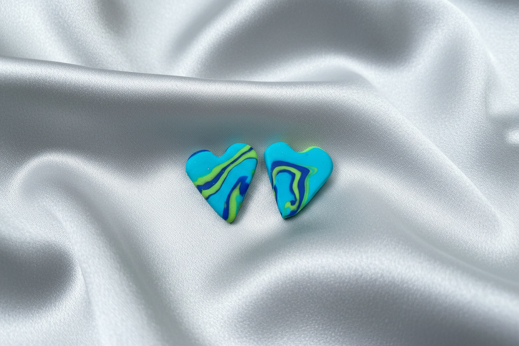 Blue & Green Heart Polymer Clay Stud Earrings
