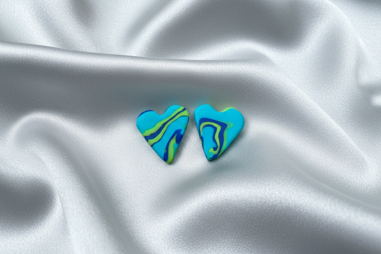 Blue & Green Heart Polymer Clay Stud Earrings