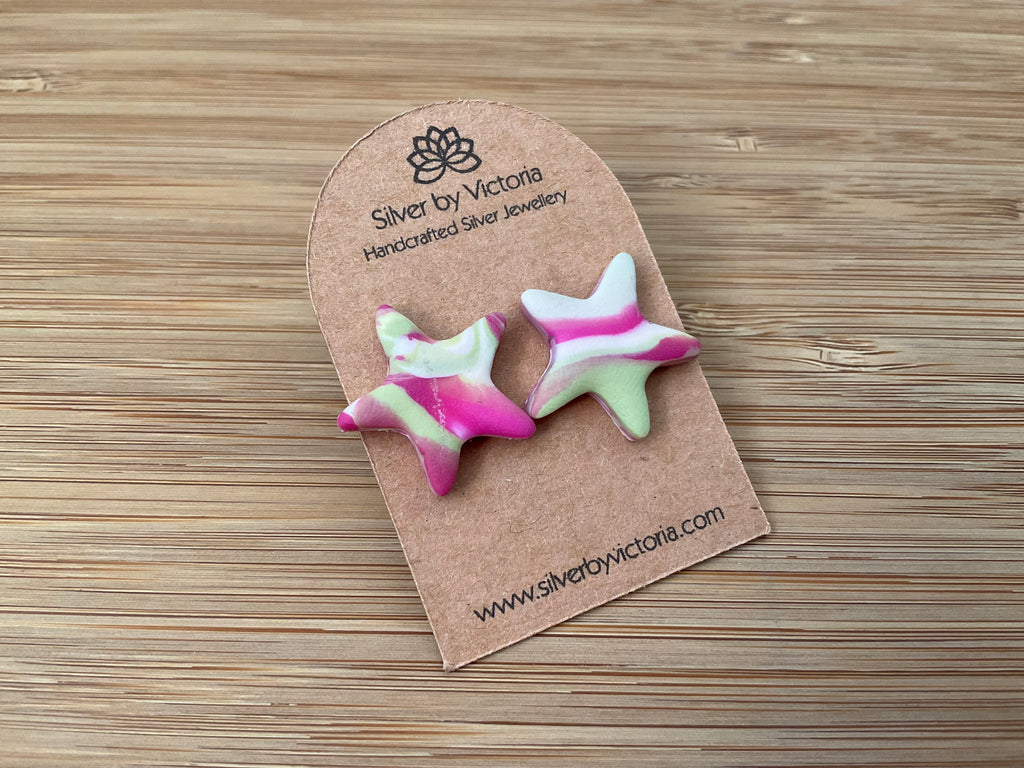 Pink & Green Star Polymer Clay Stud Earrings