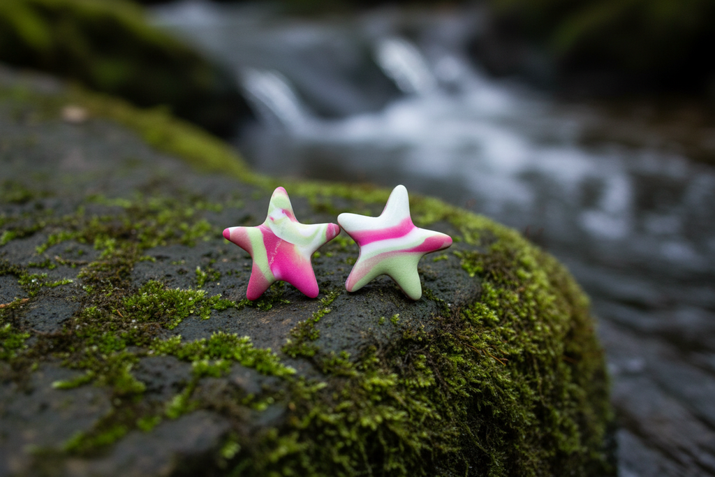 Pink & Green Star Polymer Clay Stud Earrings