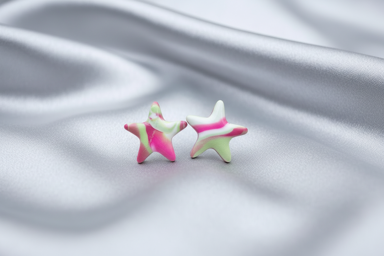 Pink & Green Star Polymer Clay Stud Earrings