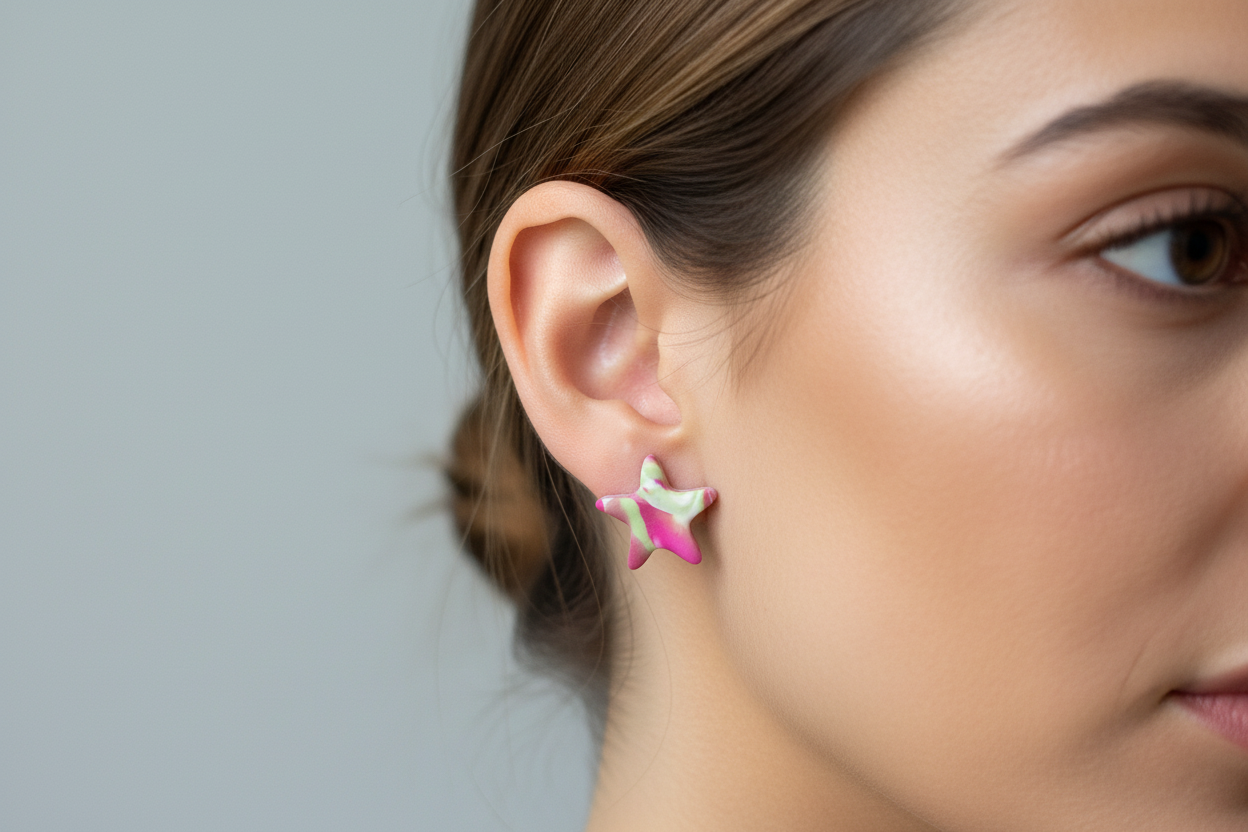 Pink & Green Star Polymer Clay Stud Earrings